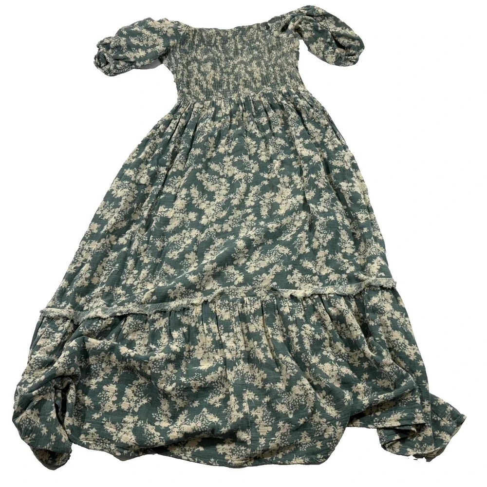 Free People Ellie Boho Green Floral Puff Sleeve Smock Bodice Maxi Dress Sz S - Picture 11 of 15